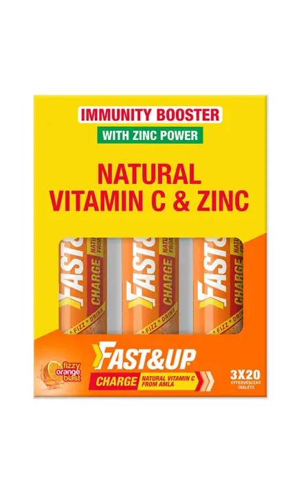 Fast&Up Charge with Natural Vitamin C and Zinc for Immune Support - Pack of 3 (60 Effervescent Tablets)