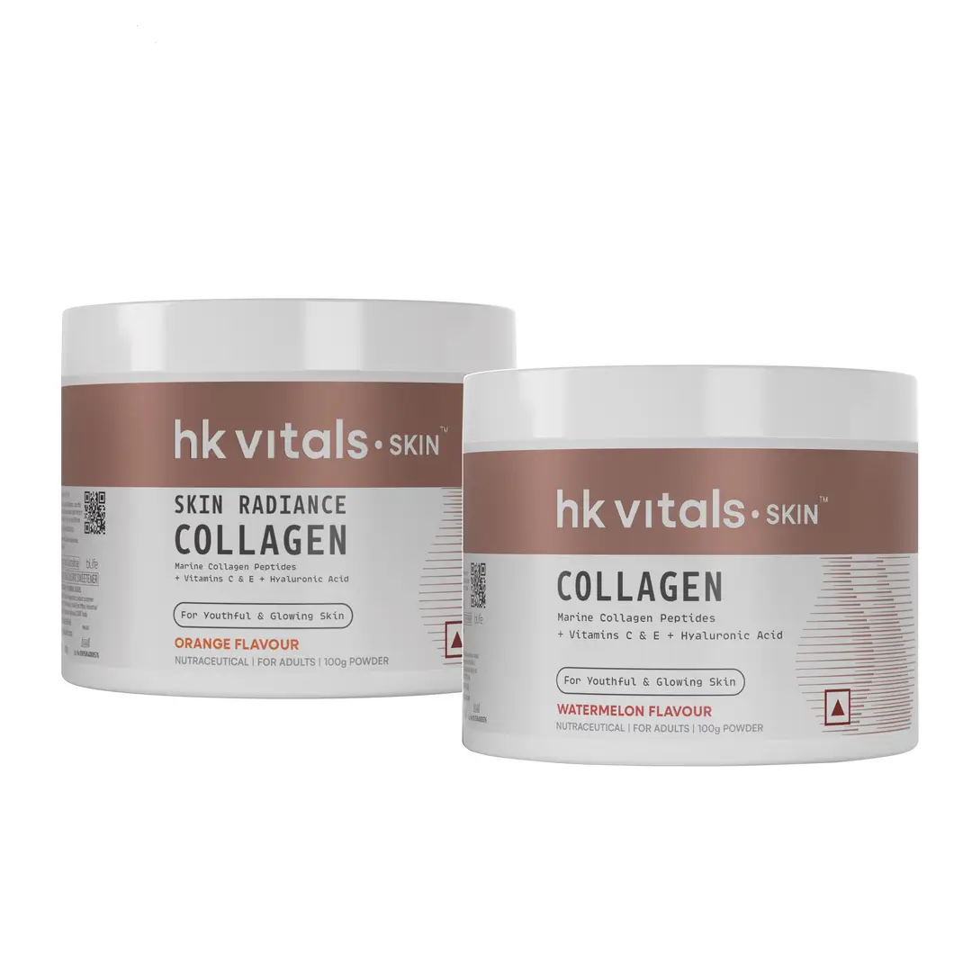 HK vitals Skin Radiance Marine Collagen Supplement with Biotin | Vitamin C, E, Sodium Hyaluronate | For Healthy Skin, Hair & Nails (Combo) - Orange & Watermelon