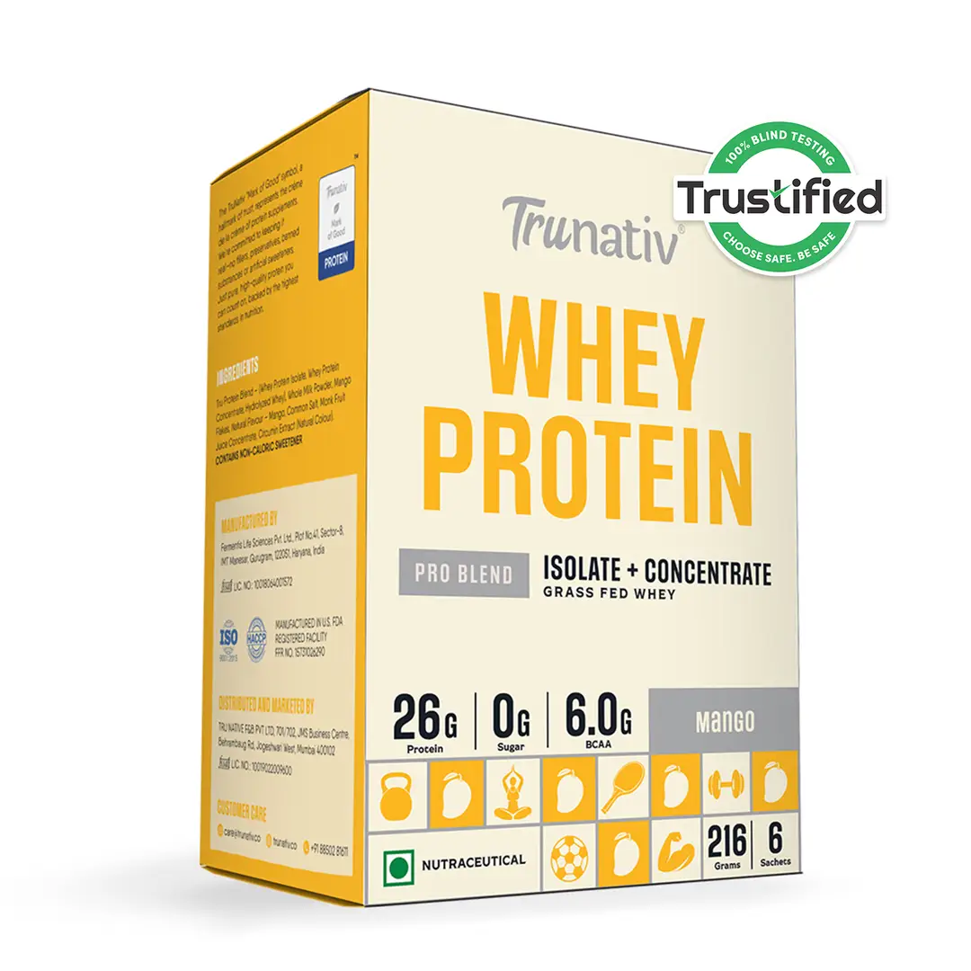 Trunativ Pro Blend Whey Protein with Grass-Fed Isolate & Concentrate for Muscle Recovery and Strength - Mango,6 Sachets