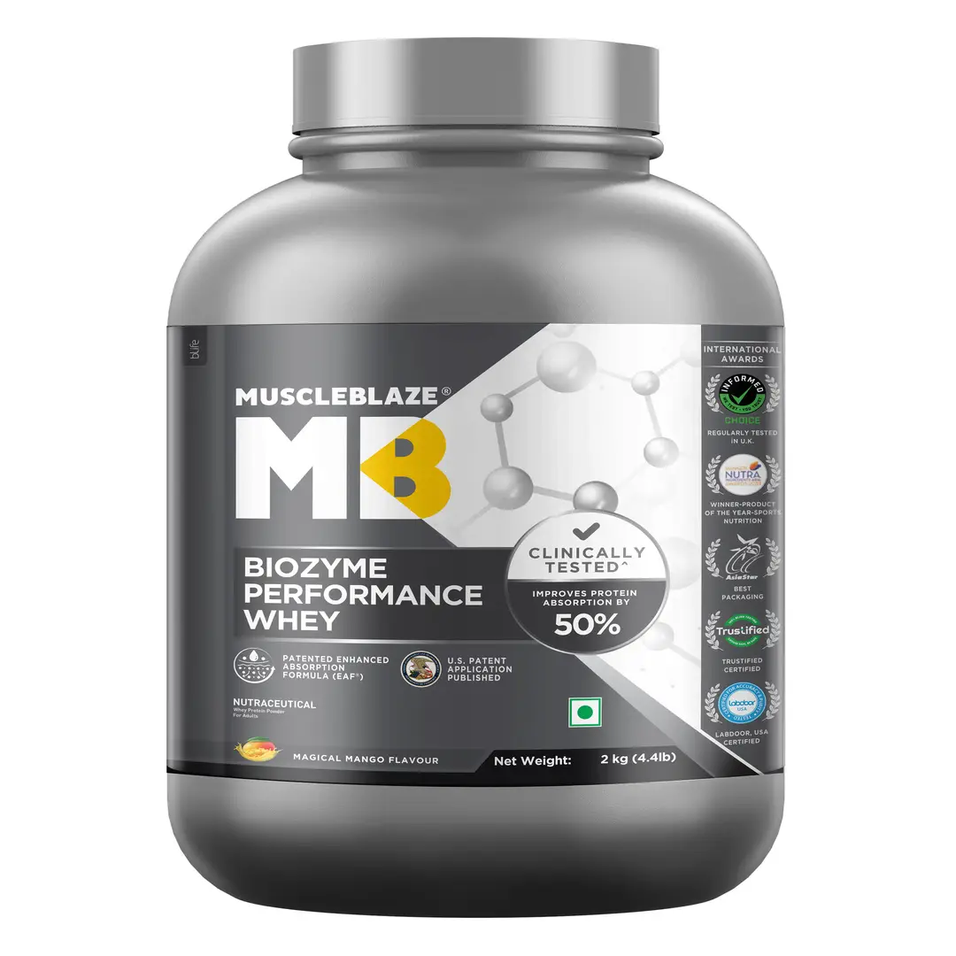 MuscleBlaze Biozyme Performance Whey Protein - with Whey Protein Concentrate,  Cocoa Powder for Aiding in Lean Mass Gain - Magical Mango,4.41 lb