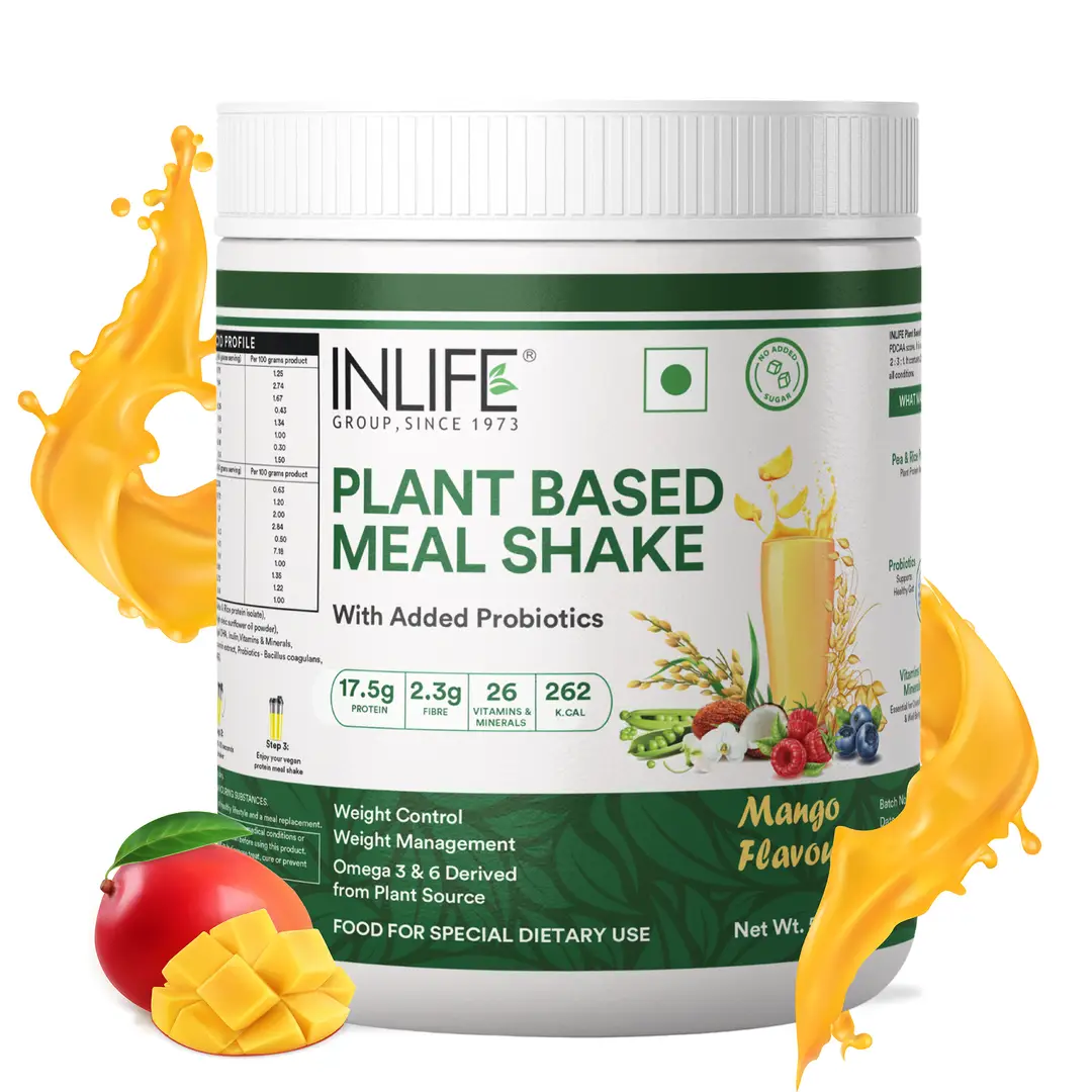 INLIFE - Vegan Plant Based Protein Powder Nutritional Meal Replacement Shake, 17.5g Protein, 26 Vitamins & Minerals, Non-Dairy, Lactose Free with Added Probiotics for Men and Women, 500g - Mango,500 gm