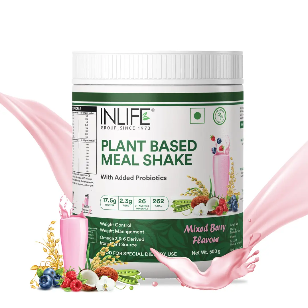 INLIFE Plant Based Meal Replacement Shake | Plant Protein Powder (17.5 Protein) Sugar Free, Lactose Free | Added Probiotics, - Mixed Berry,500 gm