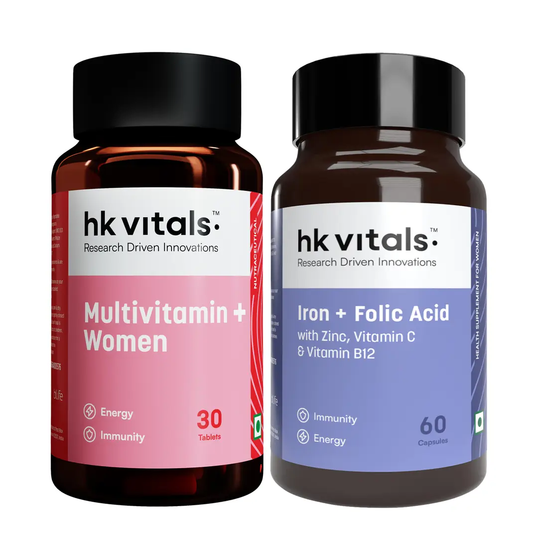 hk vitals Multivitamin Plus Women (30 Tablets) and Iron + Folic Acid Supplement (60 Capsules) for Energy, Joints, Skin and Hair - (Combo Pack)