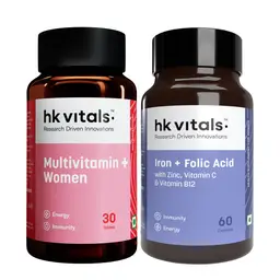 hk vitals Multivitamin Plus Women (30 Tablets) and Iron + Folic Acid Supplement (60 Capsules) for Energy, Joints, Skin and Hair