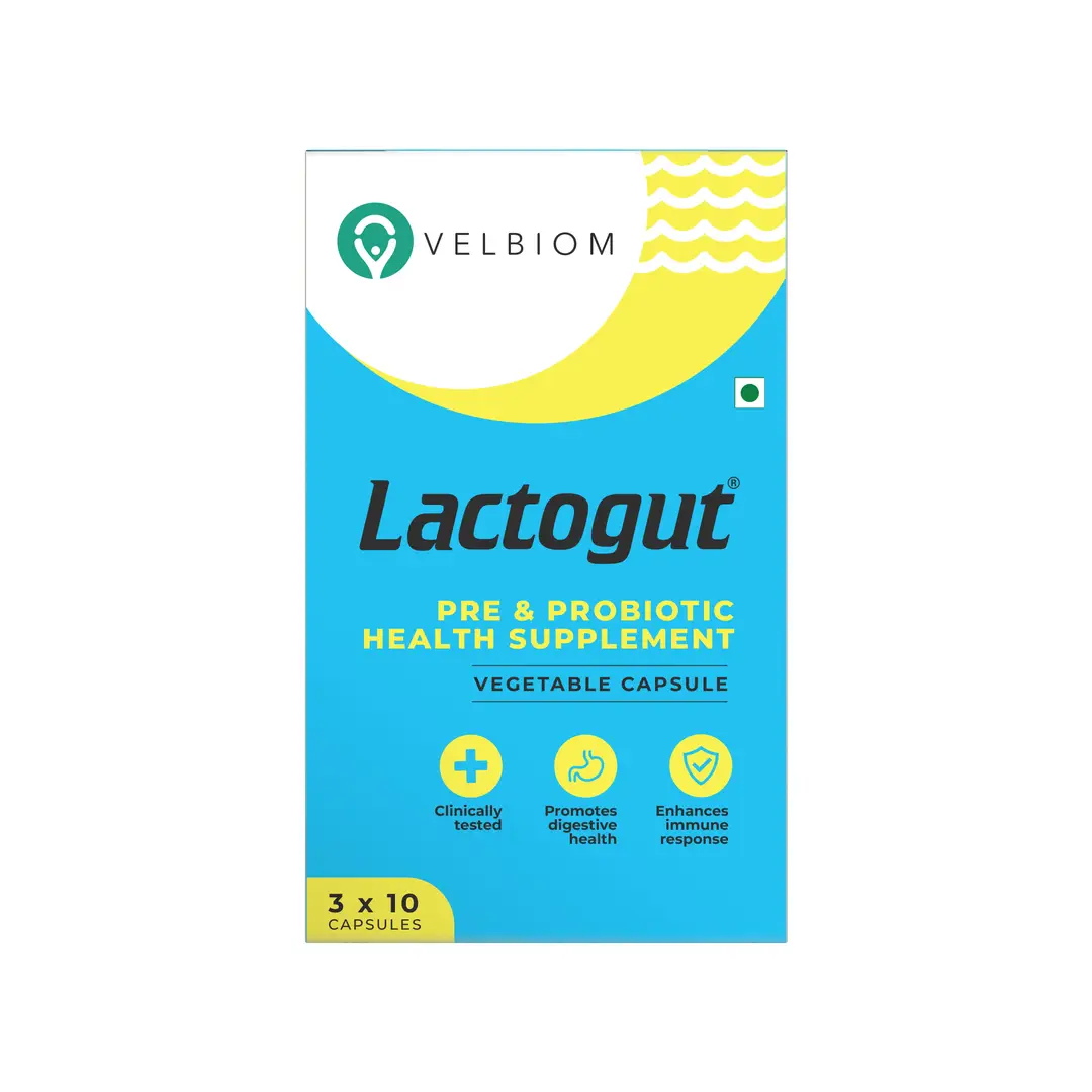 Velbiom Lactogut with Pre+Probiotic and Probiotics for Gut & Digestive Health and Immunity - Pack of 1 (30 Capsules)
