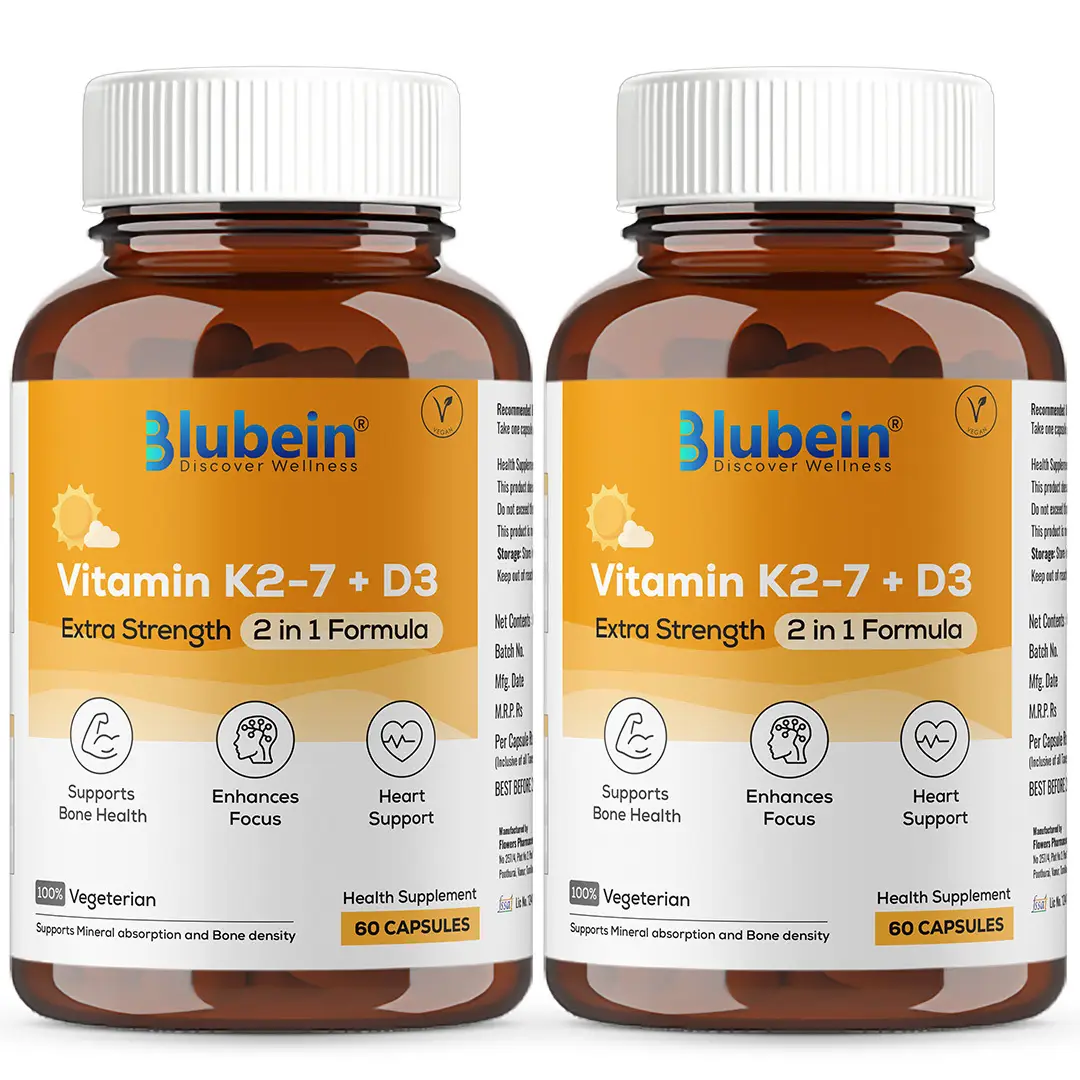 Blubein’s Vitamin K2-7 + D3 with 55Mcg Menaquinone for Stronger Bones and Healthy Heart - Pack of 2 (120 Capsules)