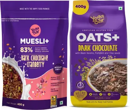 Yogabar - High Protein Dark Chocolate Muesli 400g - Dark Chocolate Oatmeal 400g - Combo pack (Muesli + & Oats + )