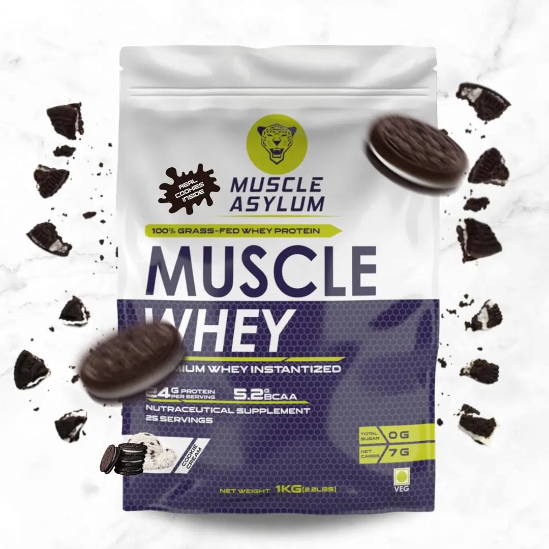 Muscle Asylum Premium Whey Protein for Muscle Building and Recovery - Cookie Cream With Real Cookie Inside,1 Kg
