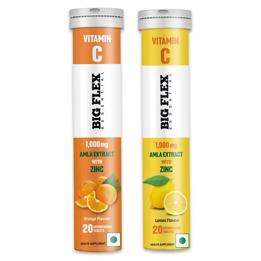 Bigflex Vitamin C with Amla 1000mg and Zinc 10mg for Glowing and Brightening Skin - Orange & Lemon,40 Effervescent Tablets