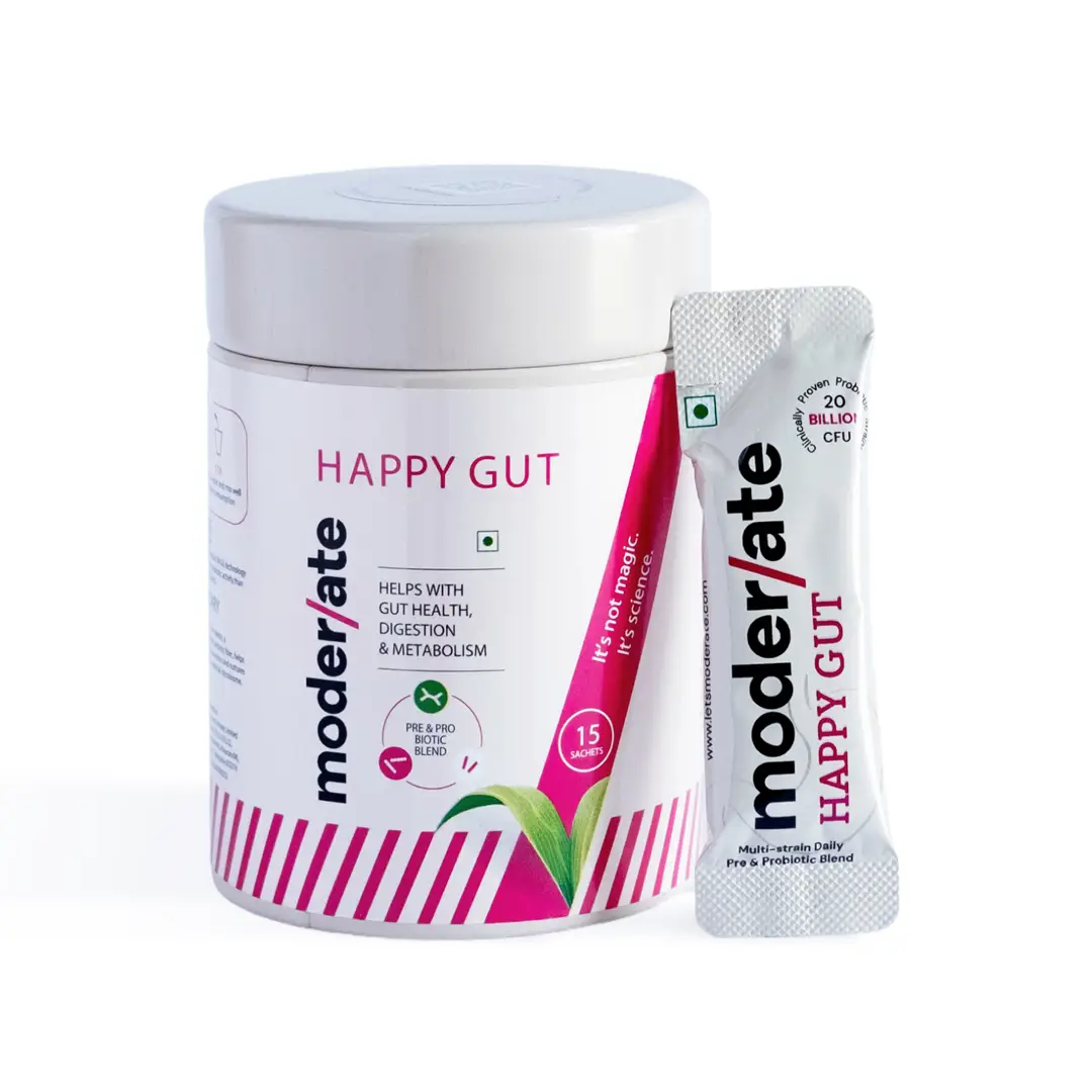 Moderate Happy Gut Pre & Probiotic with 20 Billion CFU, 9 Diverse Probiotics + Prebiotics + Fiber(FOS) for Promoting Gut Health, Digestion and Metabolism - Pack of 1 (15 Sachets)