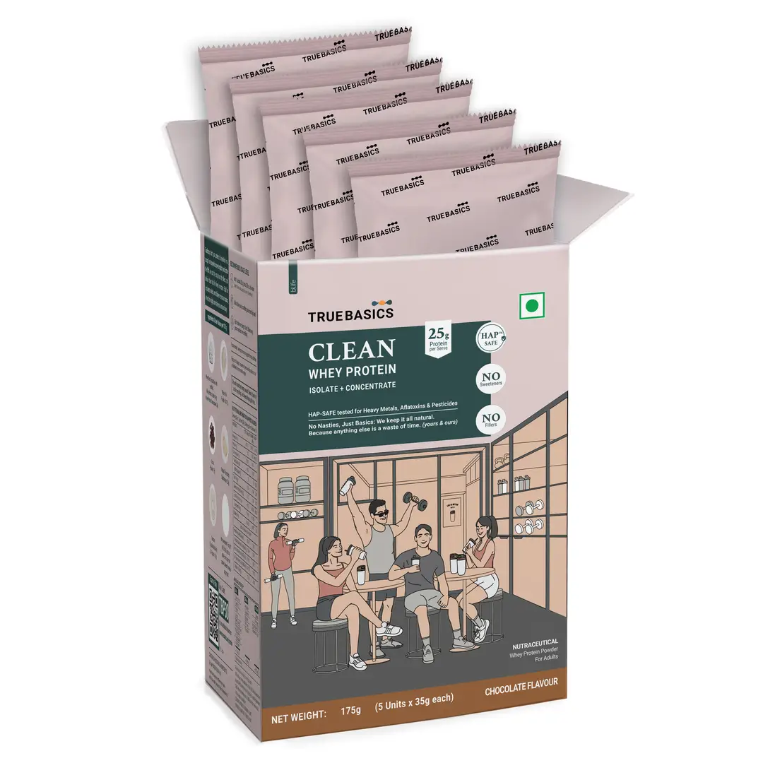 TrueBasics Clean Raw Whey Protein Concentrate Powder (Unflavoured, 1kg) | 28g Protein per Scoop - 5 Sachets, Chocolate