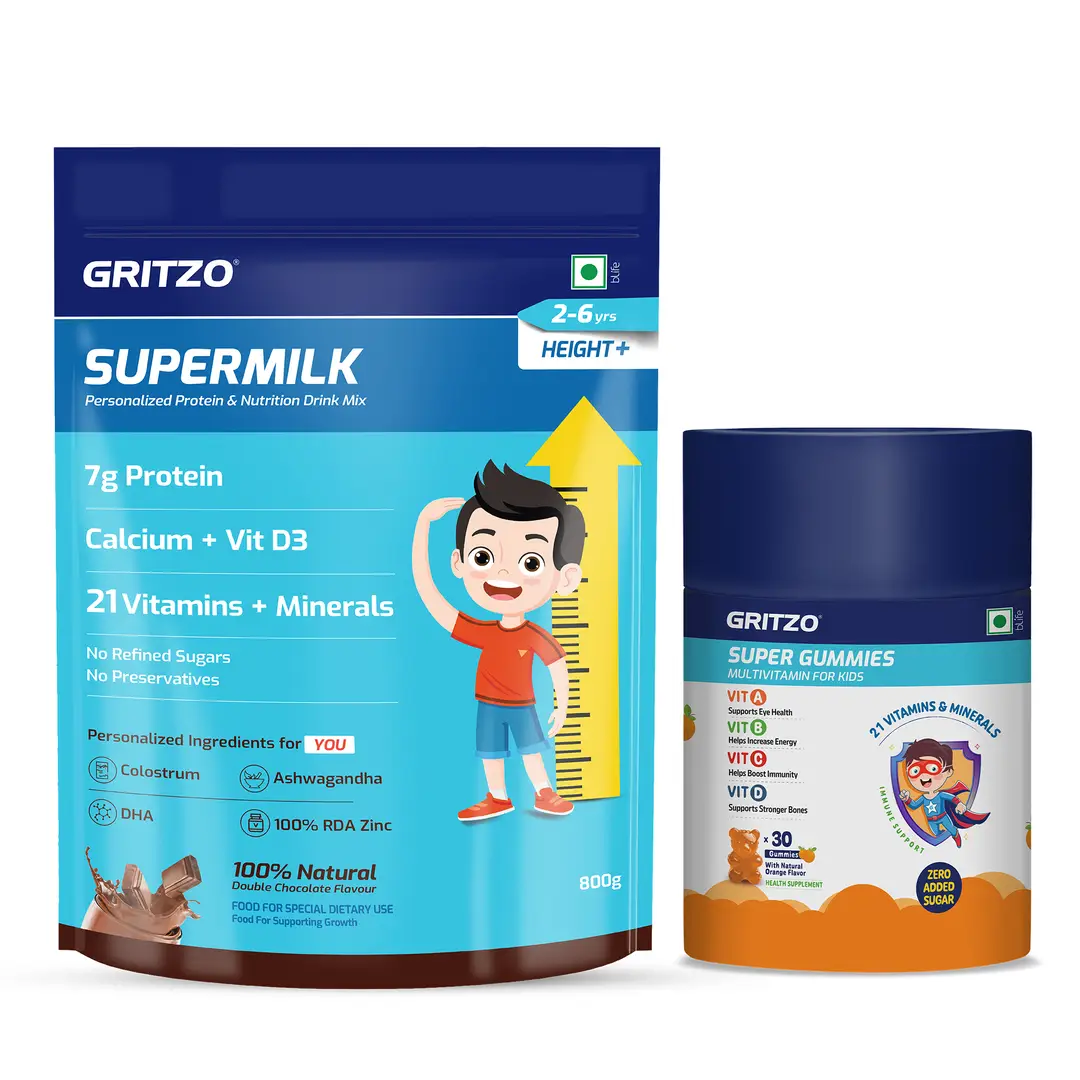 Gritzo SuperMilk Height+ (2-6y), 7g Protein (Double Chocolate, 1kg) and Super Gummies (Orange,30 Gummies)