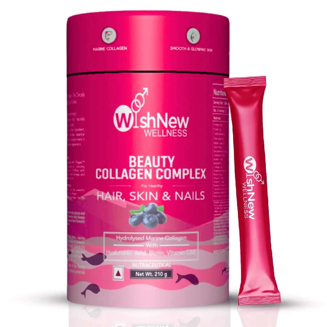 Wishnew Wellness Beauty Collagen Complex with Hyalronic Acid Biotin for Healthy Hair, Skin and Nails - Blueberry (210gm)