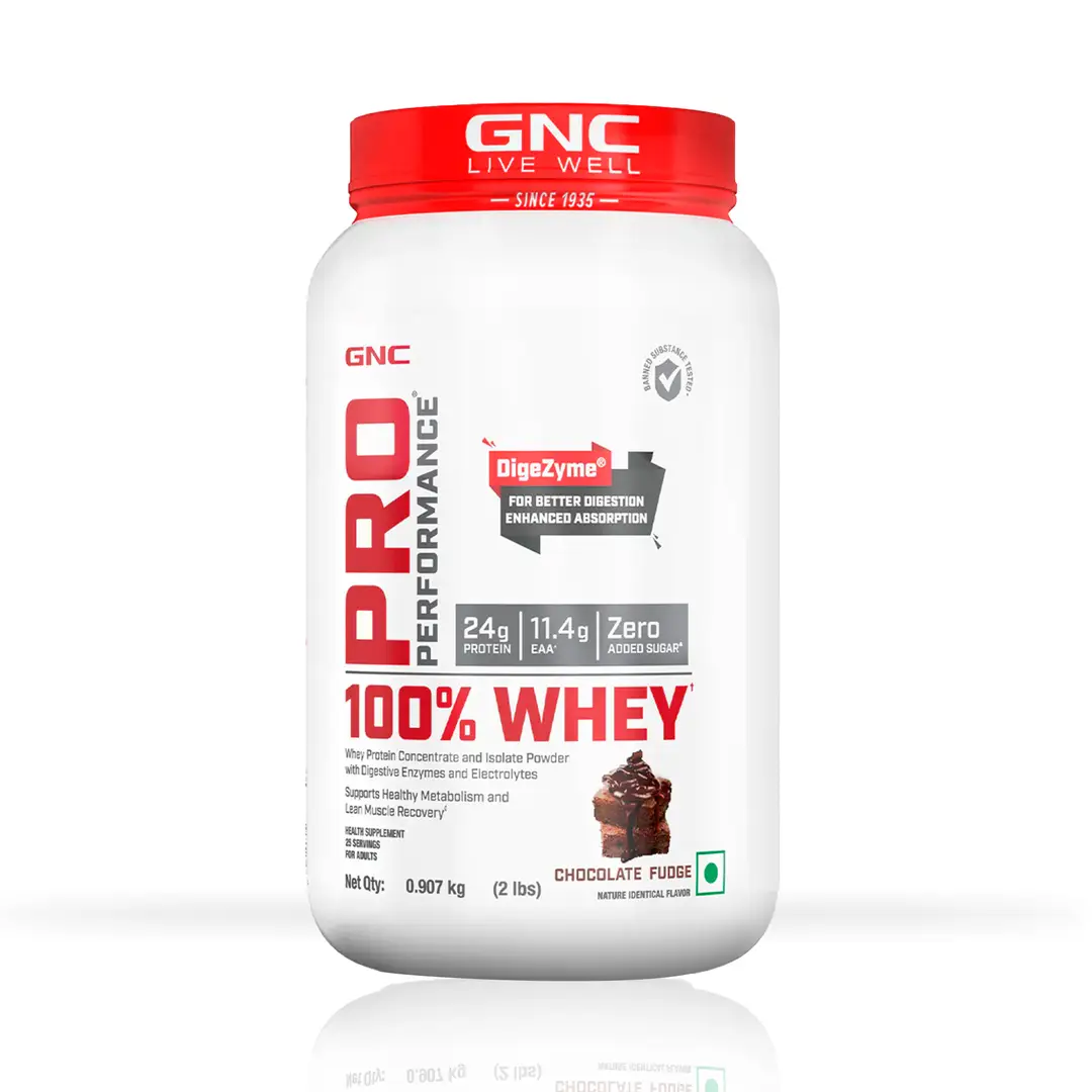 GNC Pro Performance 100% Whey Protein Powder Formulated In USA with 24g Protein, 5.5g BCAA for Strength, Endurance, Builds Lean Muscles and Fastens Muscle Recovery - Chocolate Fudge,2 lb