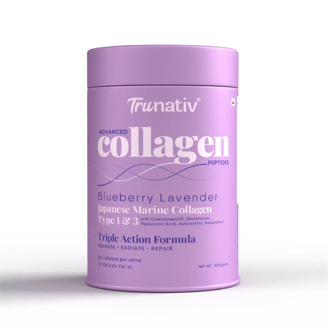 Trunativ Advanced Collagen with Japanese Marine Collagen Type 1 and 3, Vitamin C, Vitamin E, Hyaluronic Acid, Biotin, and Glutathione for Supporting Skin Glow, Hair Growth, and Nail Strength - Blueberry Lavender,200 gm