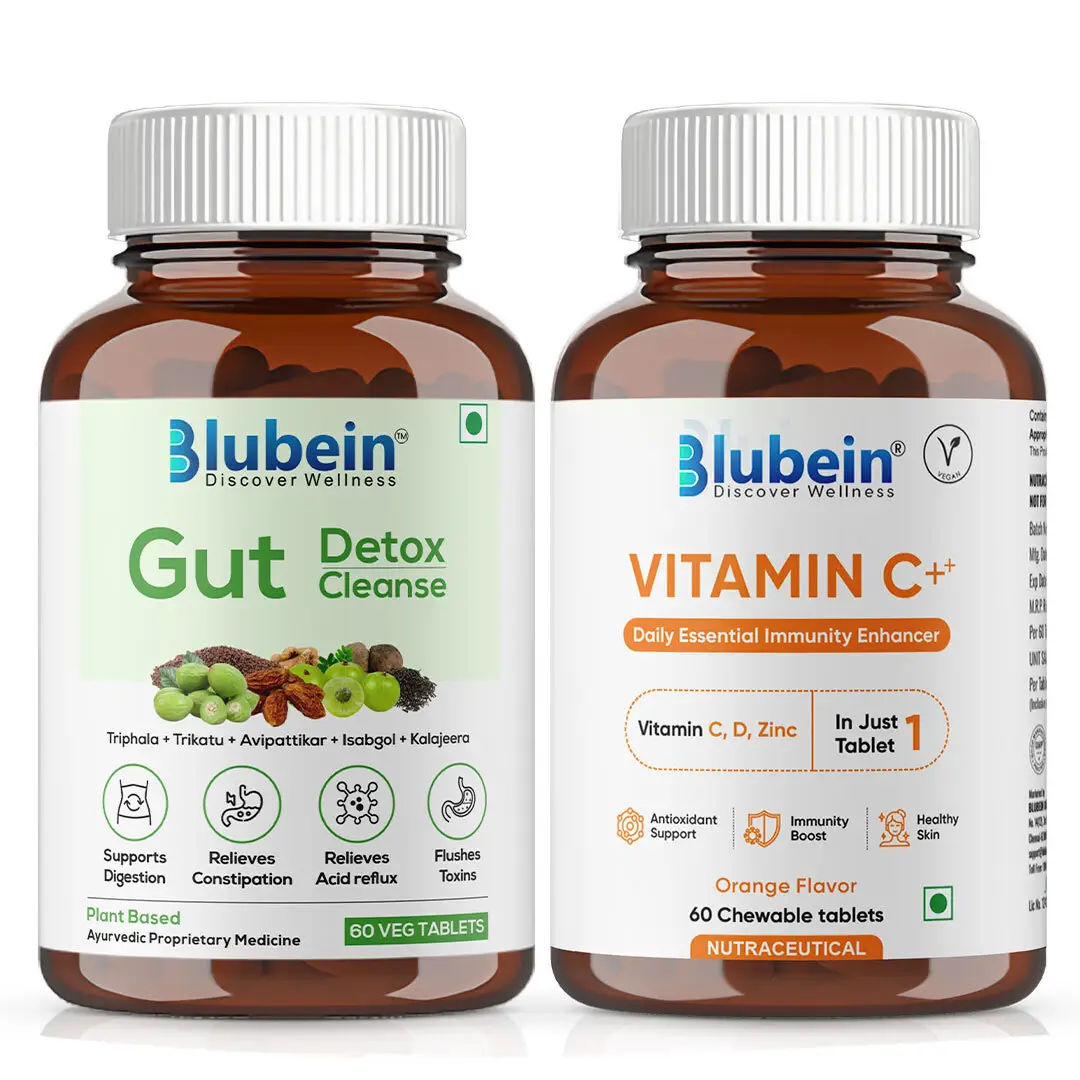 Blubein Immunity Booster Combo | 2-in-1 DEFENCE FORMULA | Vitamin C (60 Tablest) (Orange) + Gut Detox (60 Capsules) | For Stronger Gut & Better Defence - Combo Pack