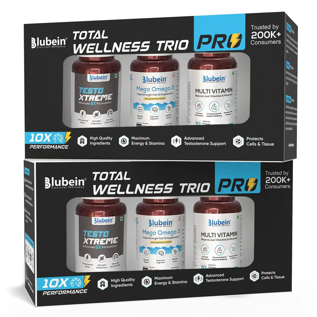Blubein’s Total Wellness Trio PRO 1250 Testo Xtreme (60 Tablets), Mega Omega (60 Tablets) and Multivitamin (60 Tablets) - Combo Pack - Pack of 2 (360 Tablets)