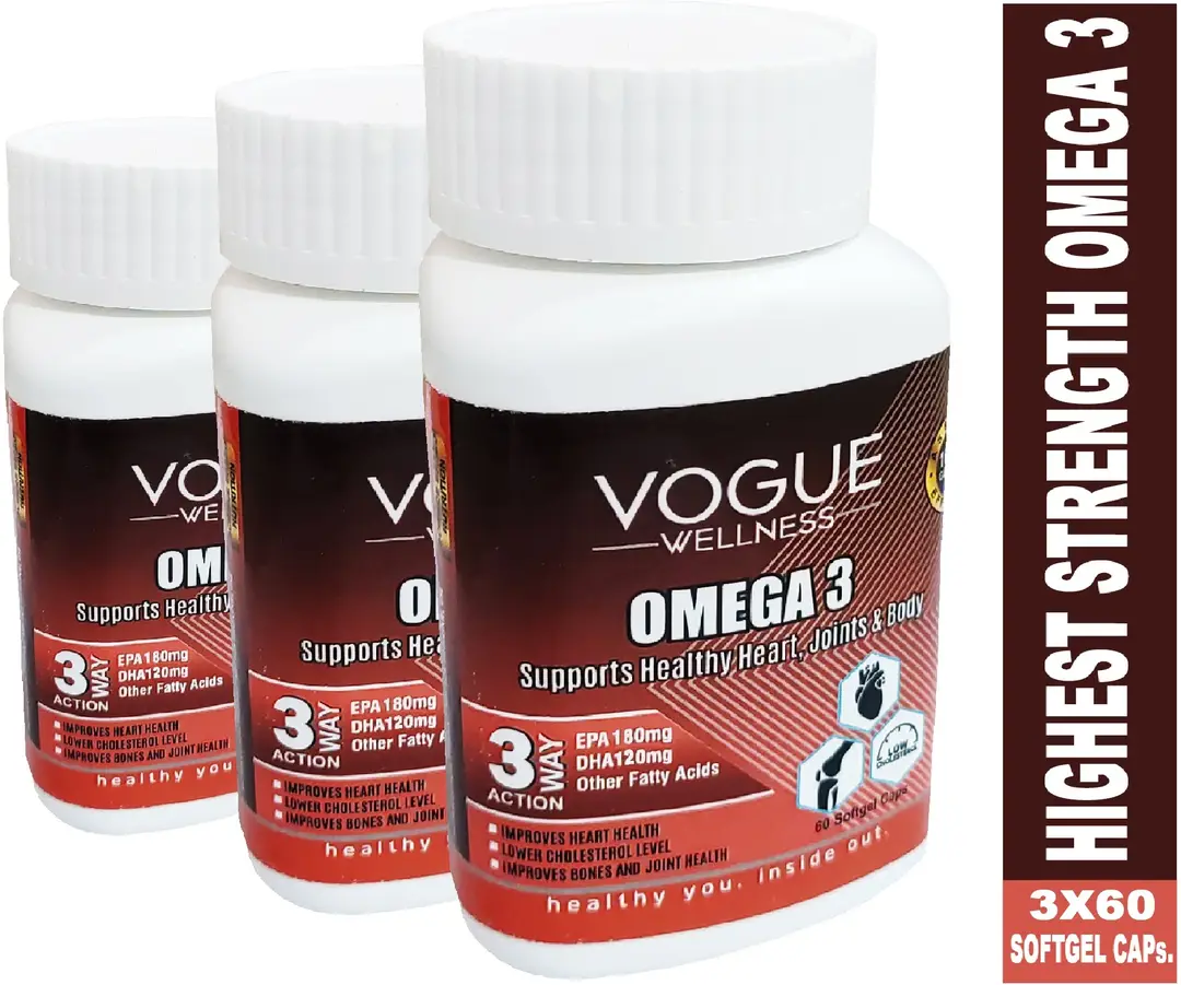 Vogue Wellness Fish Oil Omega 3 High Strength for Heart, Joint, Brain Booster - Pack of 3 (180 Tablets)
