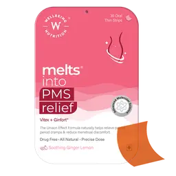 Wellbeing Nutrition - Melts PMS Relief - with Vitex, Ginfort, Inositol, Vitamin -for Cramp Relief and Reduction in Bloating, Abdominal Discomfort and Mood Swings icon