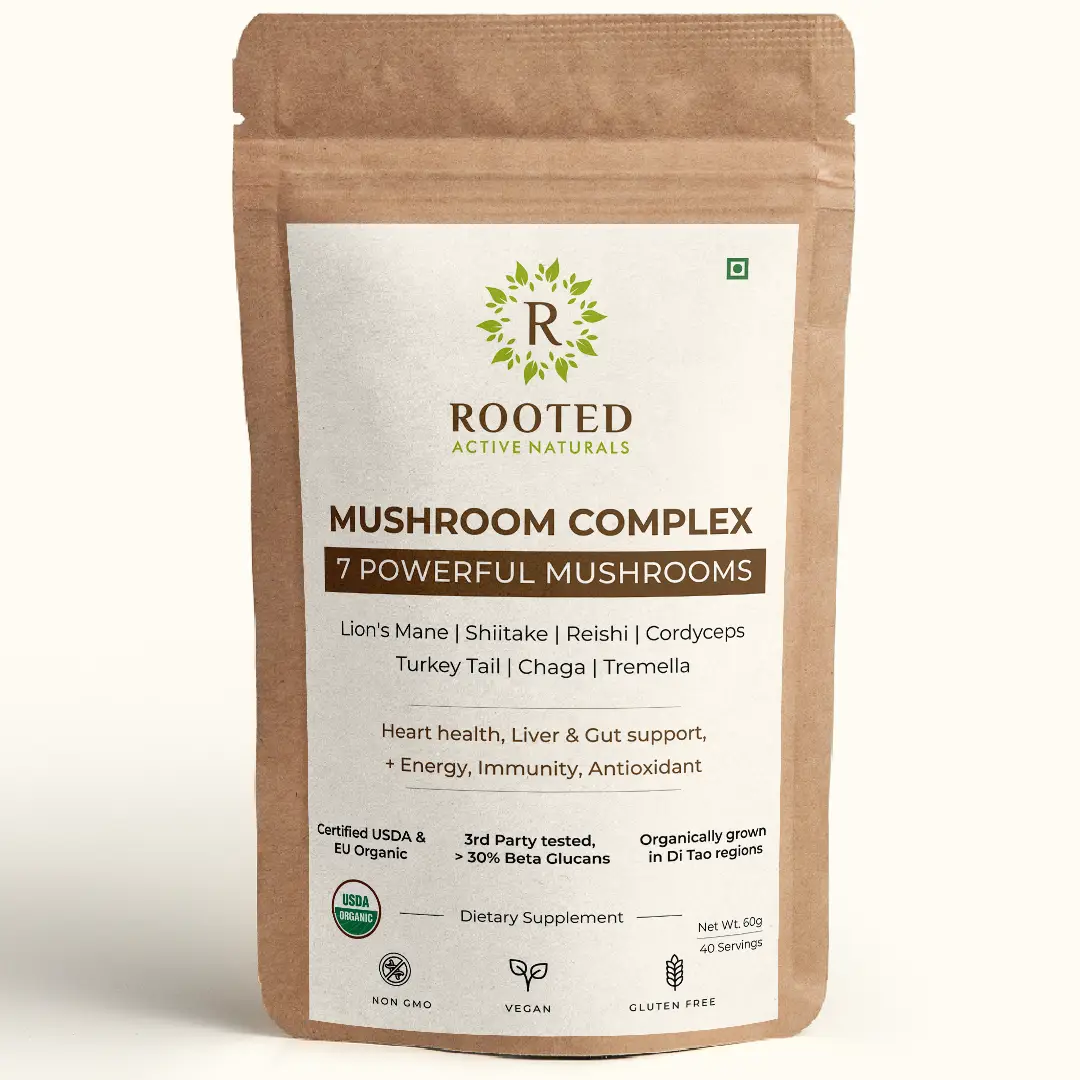 Rooted Active Naturals 7 Mushroom Complex Blend for Heart, Liver, Gut, Energy & Immunity - 60 gm